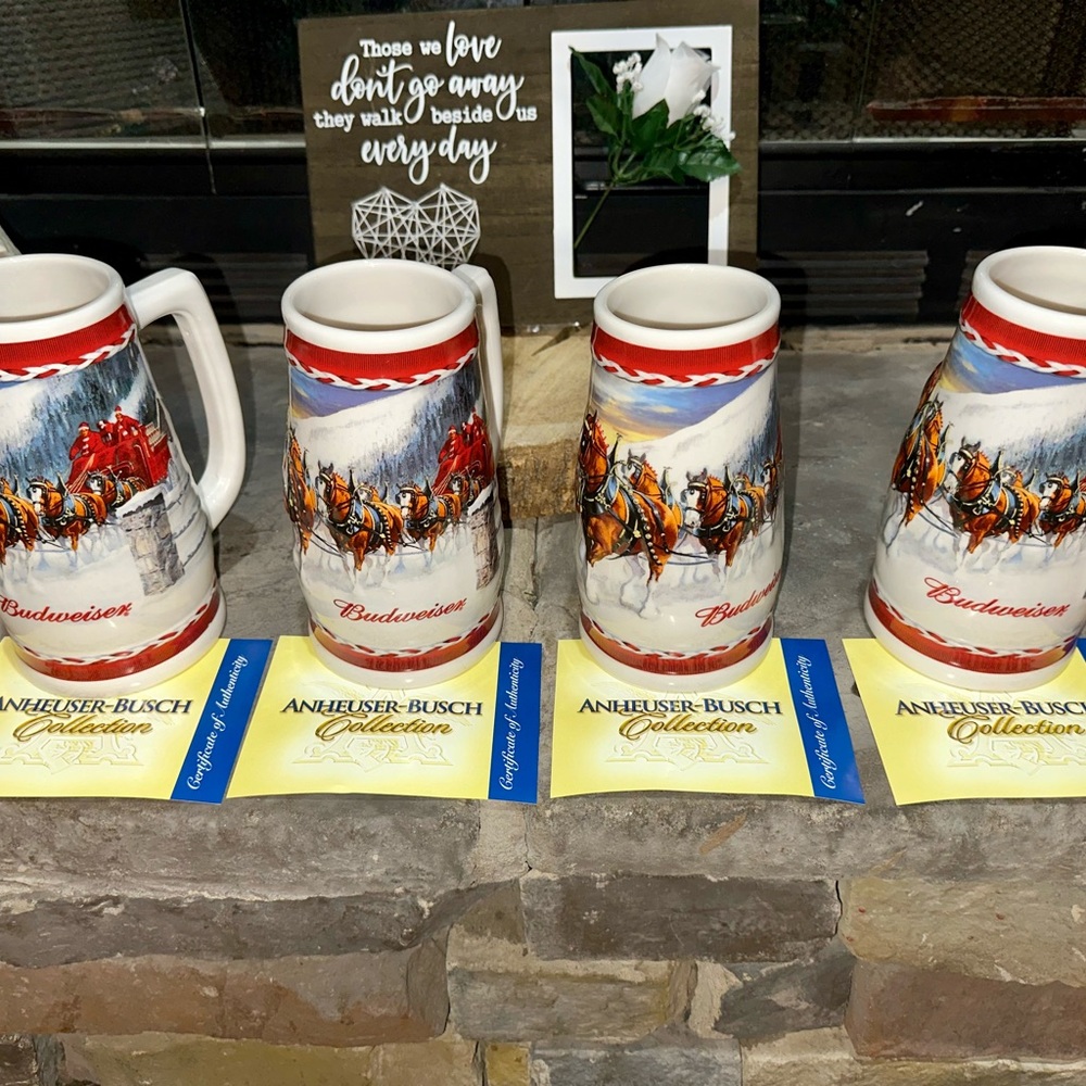 4 Budweiser 2010 Holiday Beer Stein “Dashing Through The Snow” EACH WITH COA